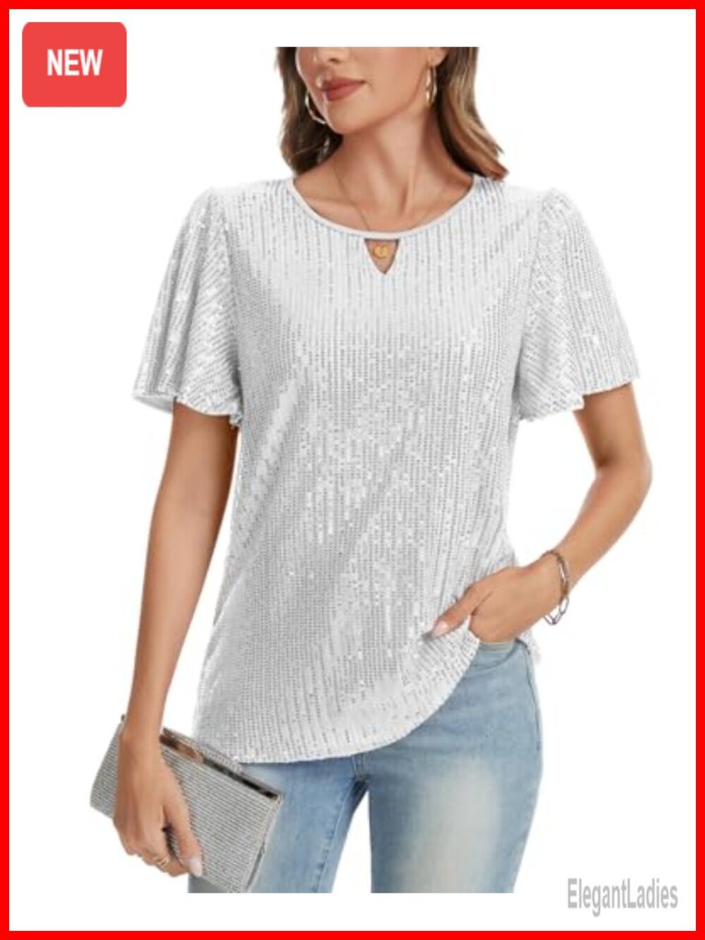 Sequin Ruffle Sleeve Tunic Top Sparkly Party Blouse